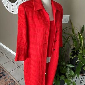 St. John 2 pc Orange Long Suit Jacket Duster & Tank Top Textured Wool Knit 10/M